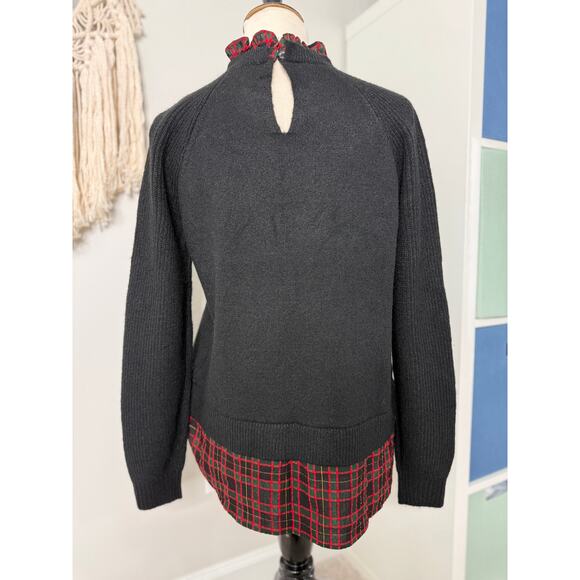 LOFT Women's Ruffle Christmas Tartan Plaid Collar Black Cable Knit Sweater Small - Picture 2 of 6